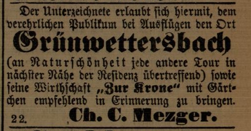 Werbeanzeige Gasthaus zur Krone Grünwettersbach vom 09.08.1889