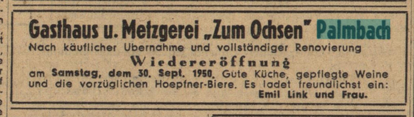 Werbeanzeige Gasthaus und Metzgerei "Zum Ochsen" Palmbach 1950