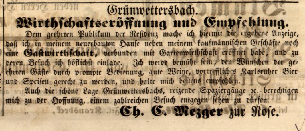 Gasthaus Rose Grünwettersbach, Karlsruher Tagblatt am 29.04.1866